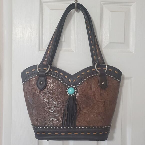 Western Tooled Brown Tote Bag w/ Turquoise Concho & Fringe – Shoulder Purse - Picture 3 of 10
